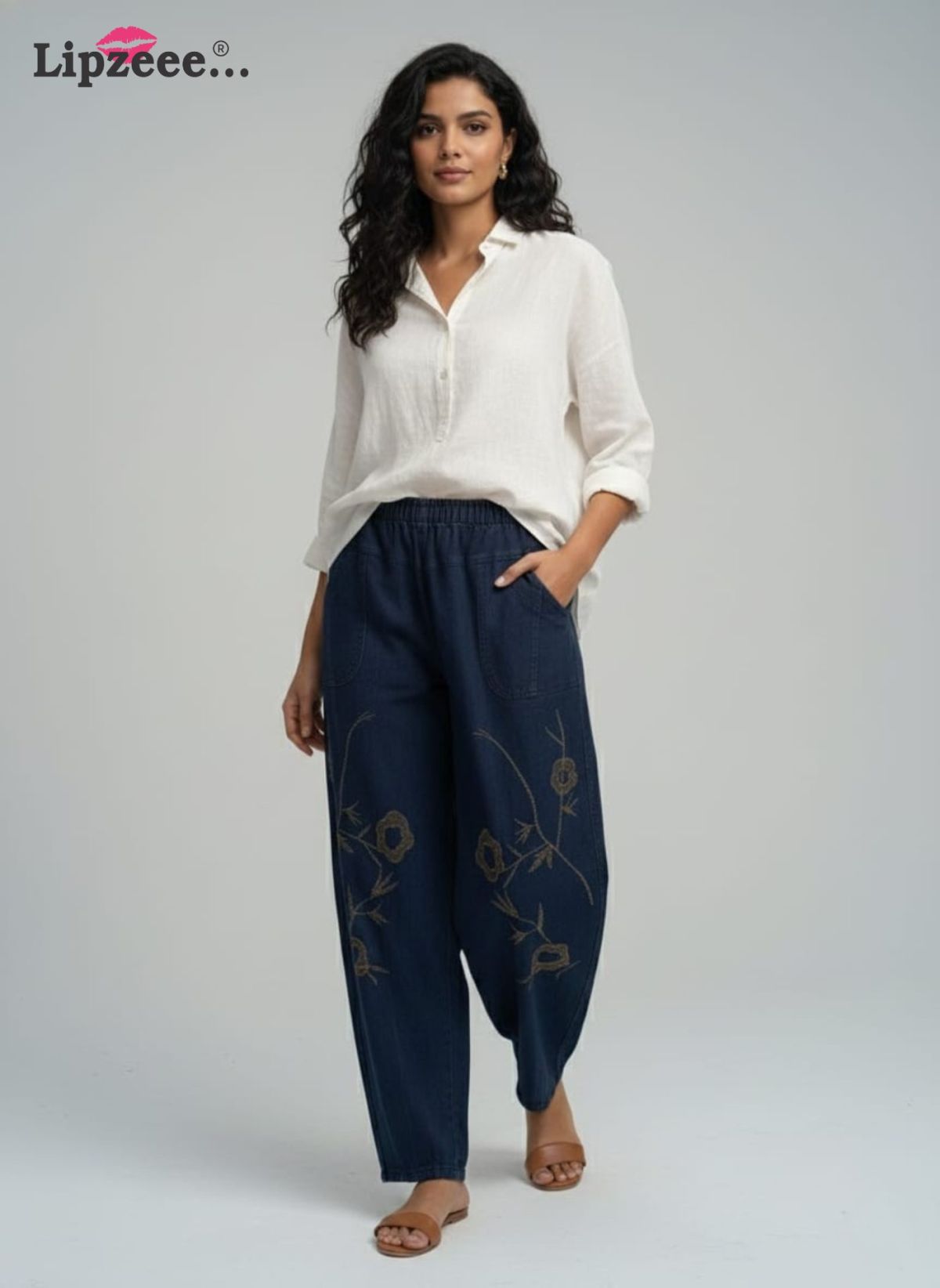 Premium Navy Blue Embroidered Women's Harem Pants | Stylish Casual & Ethnic Bottom Wear